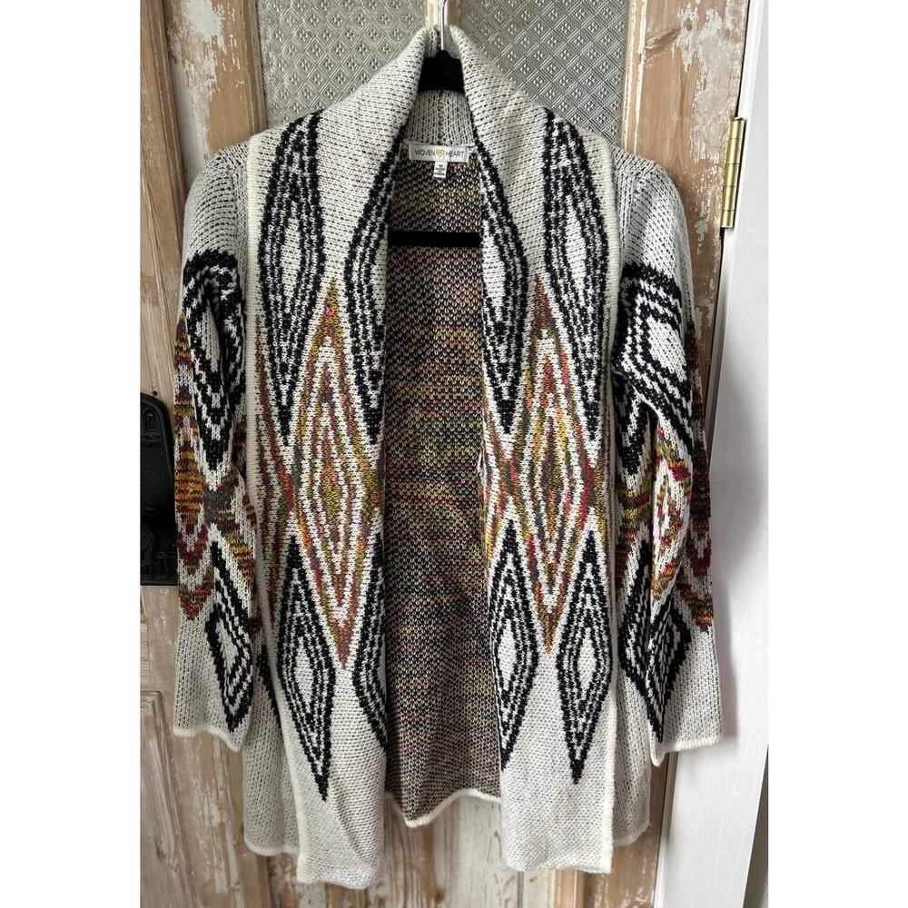 Women Woven Heart Cardigan, Size S, Multicolor Diamond Pattern